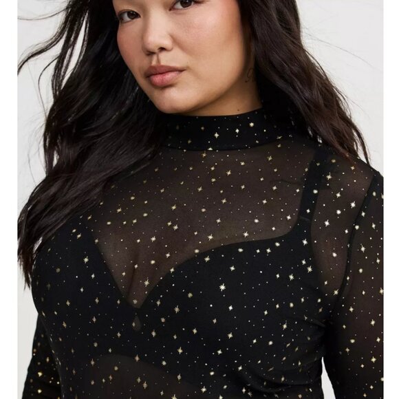 NWT Torrid 3 Celestial Gold Foil Black Mesh Mock Neck Long Sleeve Top 3X 22 24 - Picture 3 of 7